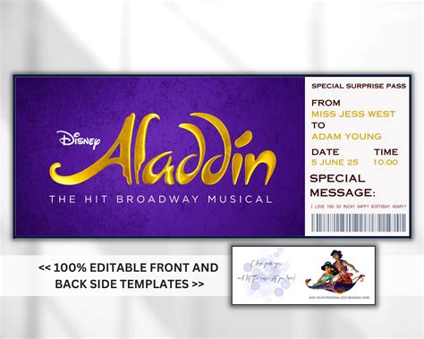 EDITABLE Aladdin Broadway Surprise Ticket, Aladdin Musical Collectible ...