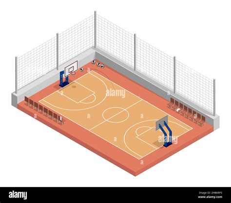 isometric basketball court with net, parquet floor and markings lines ...