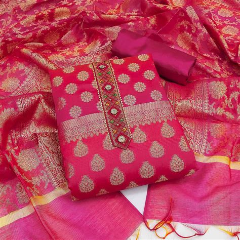 Pink Woven Banarasi Dress Material