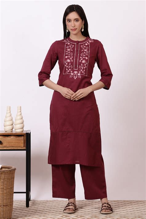Buy Maroon Embroidered Yoke Pure Cotton Straight Kurta and Pants Set ...