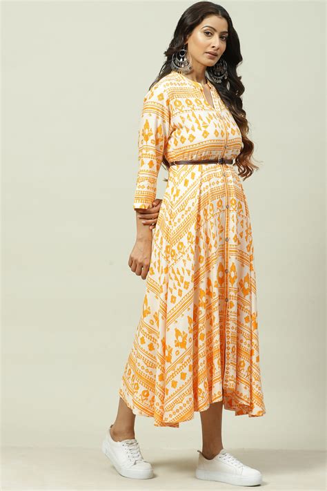 Mustard Rayon Asymmetric Fusion Dress at Biba India