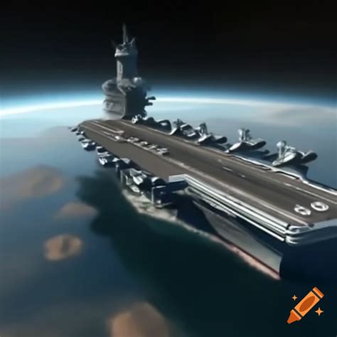 Spaceship resembling an aircraft carrier in orbit around Mars on Craiyon