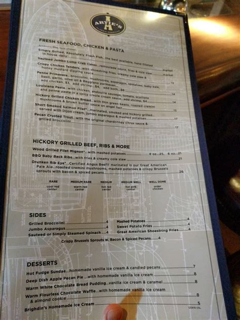 Menu at Artie's steakhouse, Fairfax
