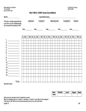 Fillable Online sde idaho DAILY MEAL COUNT-Actual Count Method MONDAY ...