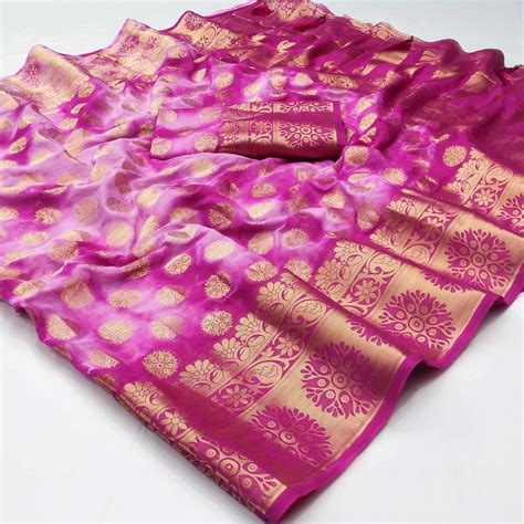 Pink Woven Jacquard Saree With Tassels