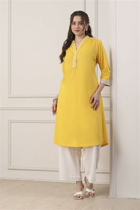 Buy Yellow Cotton Solid Straight Kurta Online at Biba India