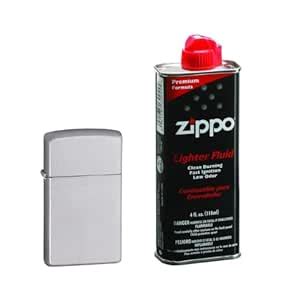 Combo of Zippo Slim Satin Chrome Windproof Pocket Lighter and 4 oz ...