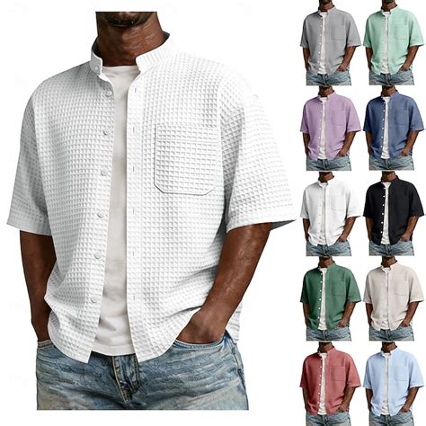 Men's Shirt Waffle Shirt Casual Shirt Button Up Shirt Black White Light ...