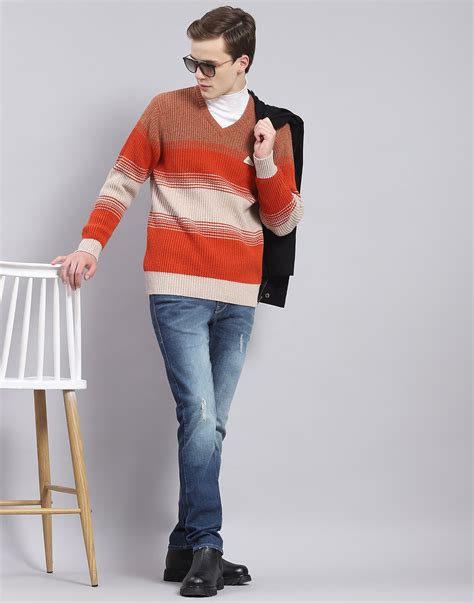 Buy Men Rust Stripe V Neck Full Sleeve Sweater Online in India - Monte ...