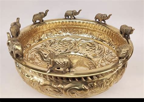 Handcrafted Pure Brass Urli Bowl with Decorative Elephant Figurines ...