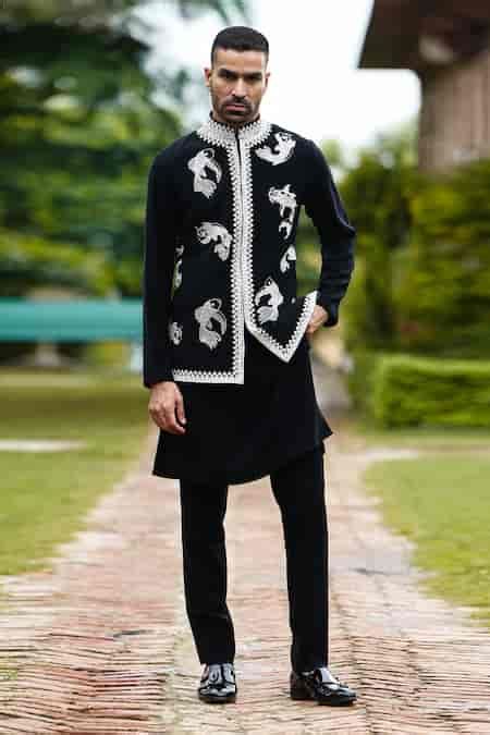 Buy Black Lycra Cut Work, Embroidery Fish Bundi And Kurta Set For Men ...