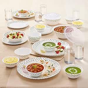 Larah By Borosil Sage Silk Series Opalware Dinner Set with Glasses, 35 ...