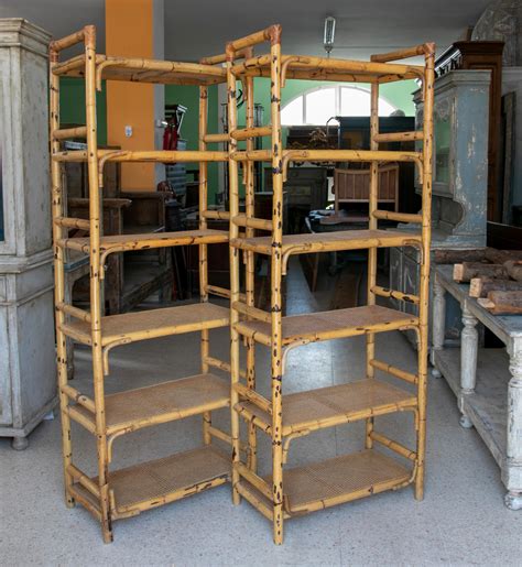 Vintage Pair of 1970s Spanish Bamboo Six Shelf Racks w/ Woven Cane ...