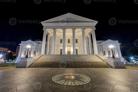 The Virginia State Capitol at night. Designed by Thomas Jefferson who was inspired by Greek and ...