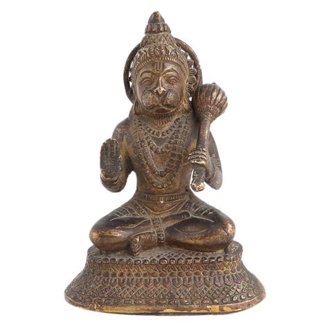 Handmade Brown Brass Sitting Hanuman Statue In Blessing Pose