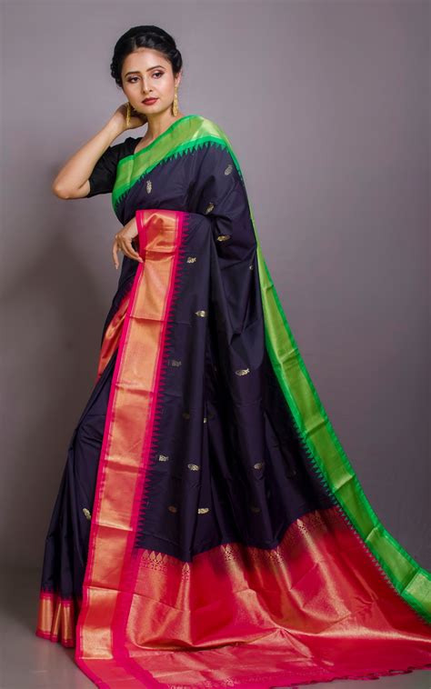 Blended Gadwal Silk Saree in Black, Hot Pink and Spring Green – Bengal ...
