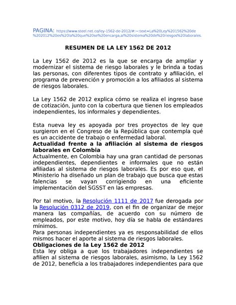 Resumen DE LA LEY 1562 de 2012 - PAGINA: steel.net/ley-1562-de-2012 ...