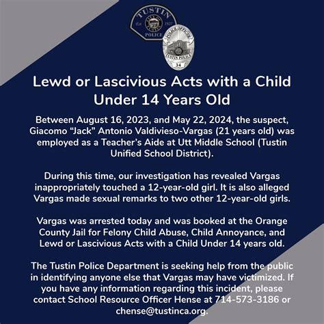 Tustin teacher’s aide arrested for lewd or lascivious acts with a child ...