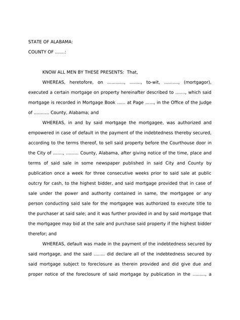 Alabama Foreclosure Deed - Blank Fillable Template | Fill Out, Print ...