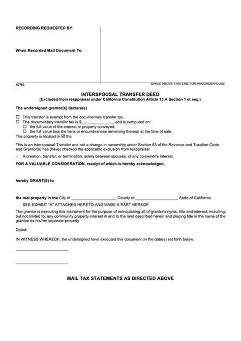 Fillable Interspousal Transfer Deed Form - California printable pdf ...