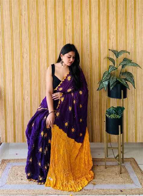 Phoolbari – Purple & Yellow Gulti Bandhani Saree in Modal Silk – Shree ...