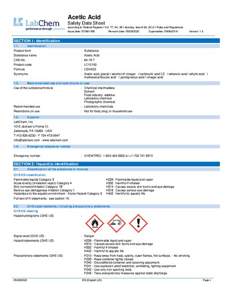 Acetic acid - Safety Data Sheet according to Federal Register / Vol. 77 ...