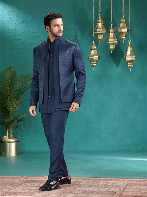 Tula Navy Blue Jacquard Jodhpuri Suit | Men's Full Sleeve | Self Design ...