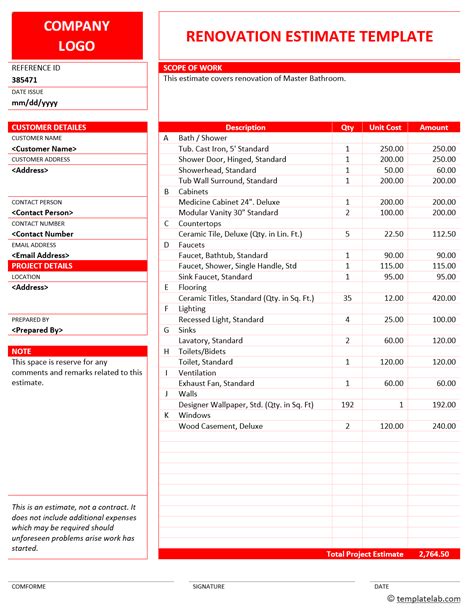 Renovation Estimate Template | Free Download