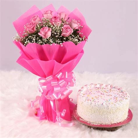 Order Pink Roses Bouquet And Vanilla Cake online | Get same day ...