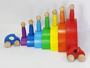 Paras | 7 PC Rainbow Stacker Combo: Wooden Stacking Toy + 2 Toy Cars ...