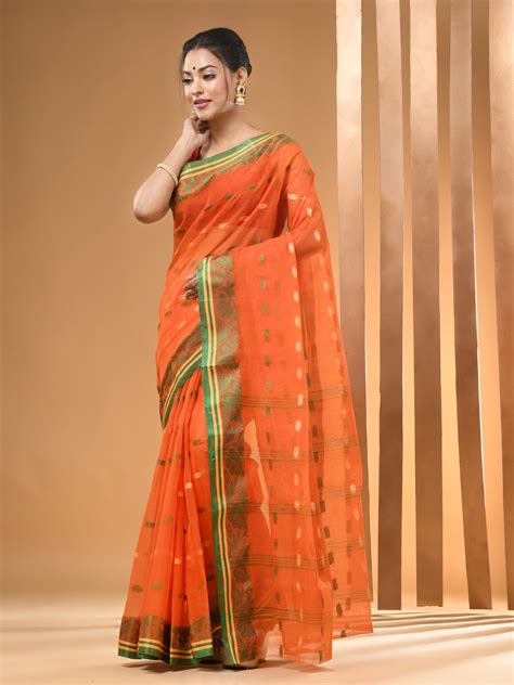 Orange Pure Cotton Tant Saree With Woven Designs – arhi.in