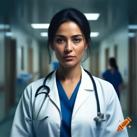 Medical professional in hospital corridor wearing white lab coat and stethoscope on Craiyon