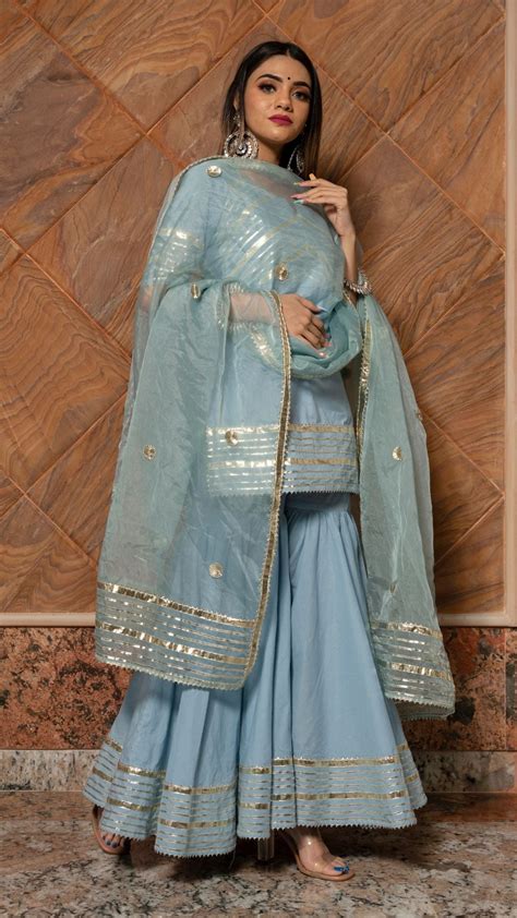 POWDER BLUE PURE COTTON SHARARA SET WITH ORGANZA DUPATTA – Pomcha Jaipur