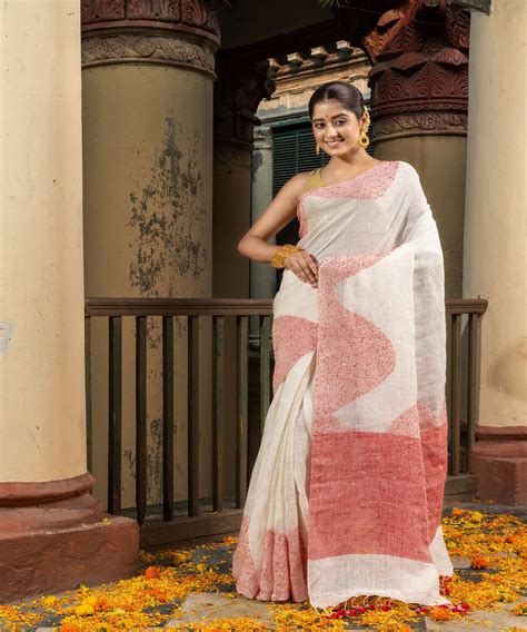 White red linen sequin handloom bengal saree – GoSwadeshi