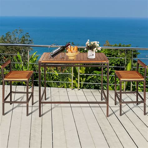 Costway 3 PCS Patio Rattan Wicker Bar wood Table Chair Outdoor, Color ...