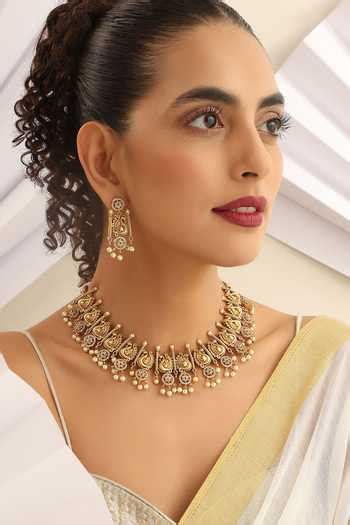 Buy Gold Plated Pearls, Stones Peacock Carved Temple Choker Necklace ...