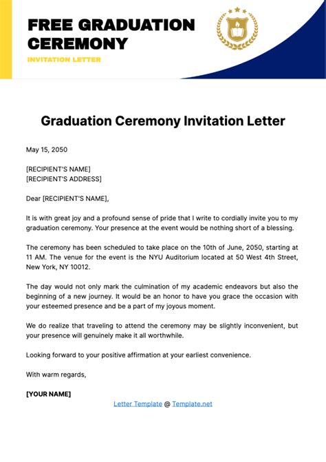 Free Graduation Ceremony Invitation Letter Template to Edit Online