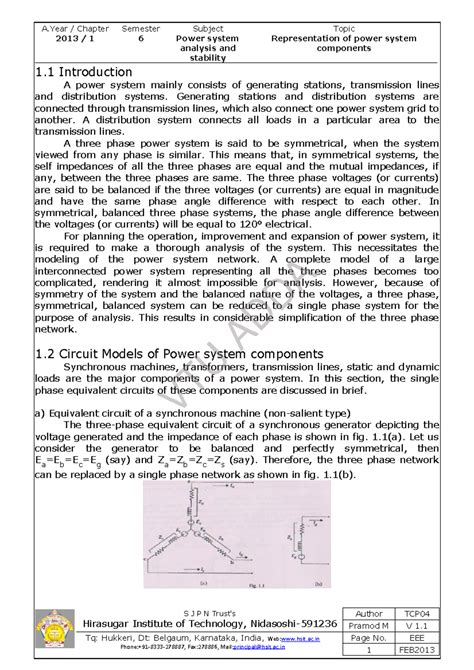 BEE601 Semester 6 Power System Analysis: Component Representation Notes ...