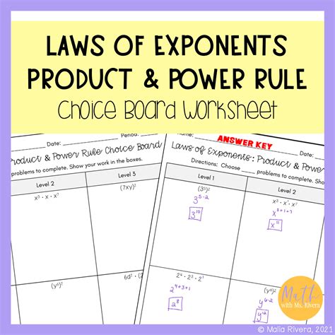 Exponent Rules Practice Product and Power Rule Worksheet Choice Board ...