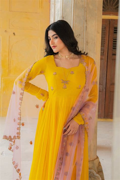 Radiant Yellow Embroidered Georgette Anarkali Gown With Contrasting Du ...