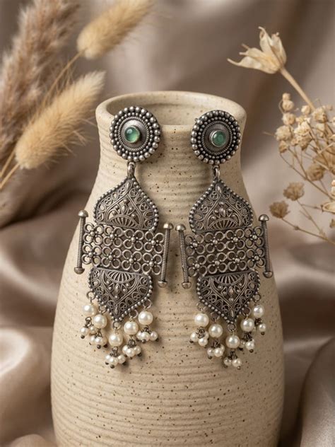 Buy Traditional Green Stone Oxidized Statement Earrings Online – The ...
