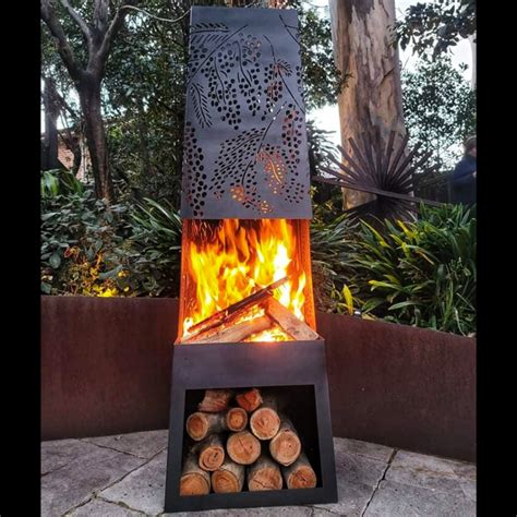 Chiminea Fire Pit, Steel Outdoor Fireplace Heater, Built in Log Rack