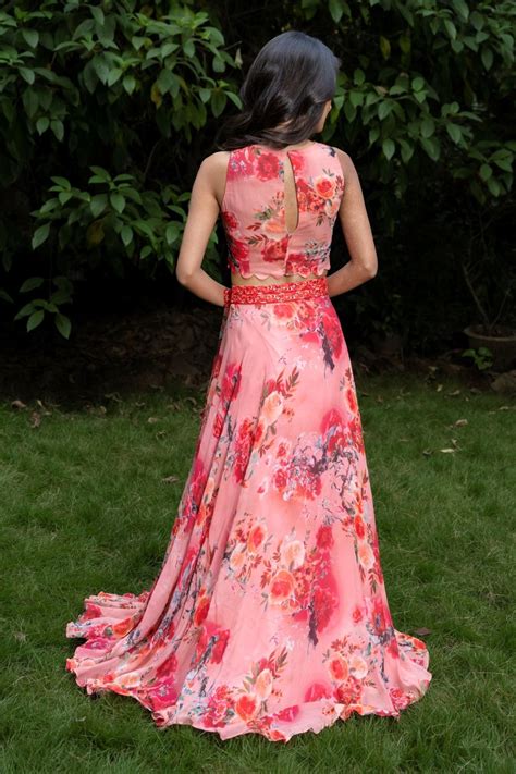 Buy Designer Peach Floral Crop Top Lehenga Set Online