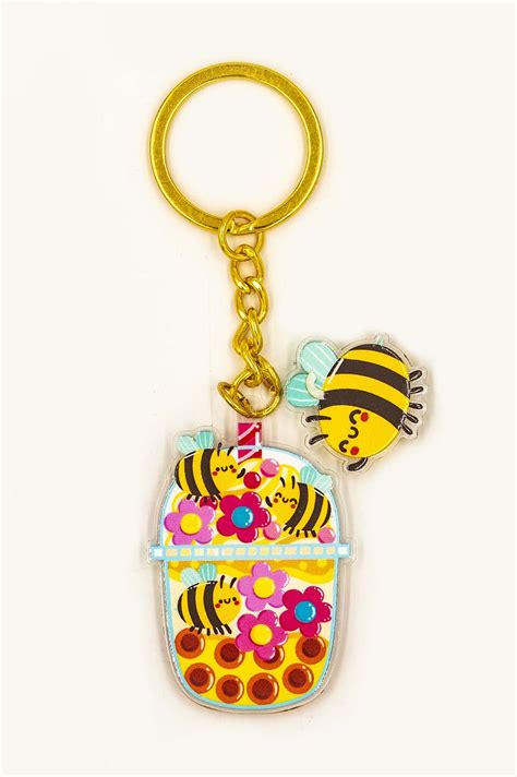 Honey Bee Bubble Tea Keychain - Fun 2.5" keychain with charm