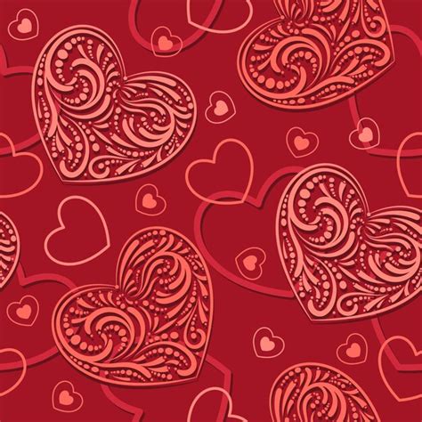 Red seamless pattern with big lacy hearts silhouettes and contours of ...