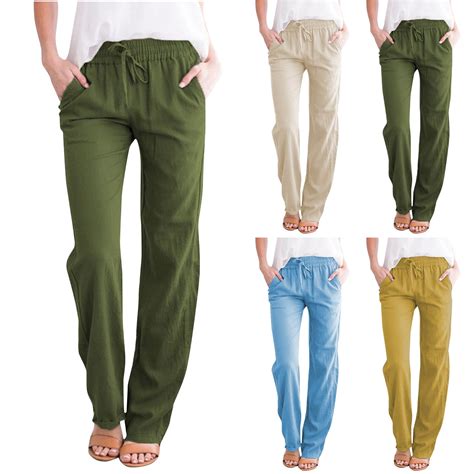 Dazajoo Women's Summer Pants Straight Leg Linen Drawstring Pants Women ...