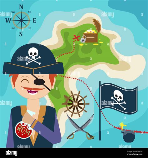 map with a pirate and a map of treasure island. Child Game. Help the ...