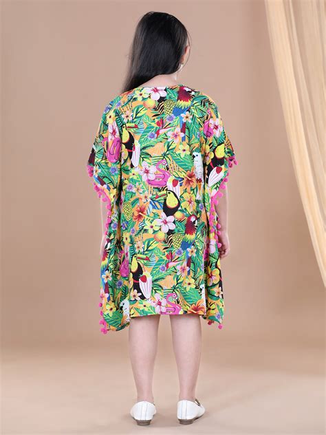 Girls Rayon Printed Kaftan Dress with Pom Pom – Stylestone