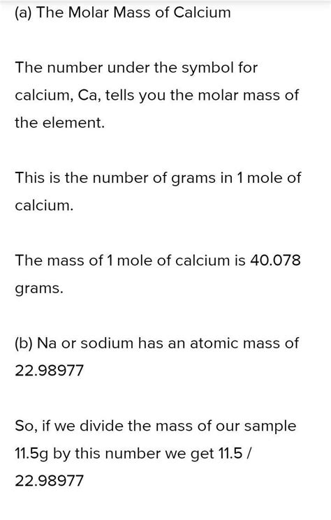 Calculate the following.(a) Mass of one mole of calcium. (b) Number of ...