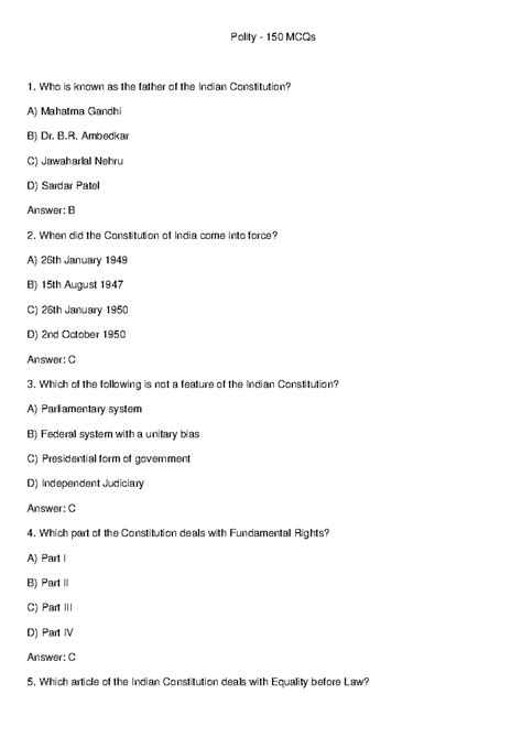 Polity 150 MCQs: Key Questions on the Indian Constitution - Studocu